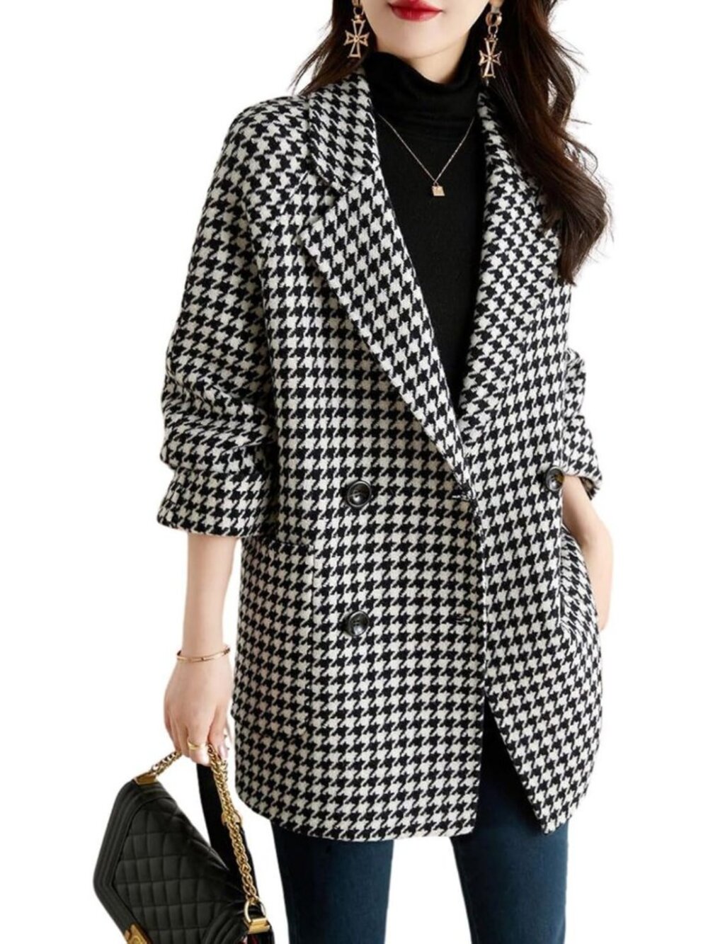 Chic Women's Houndstooth Double Breasted Pea Coat with Pockets - Stylish